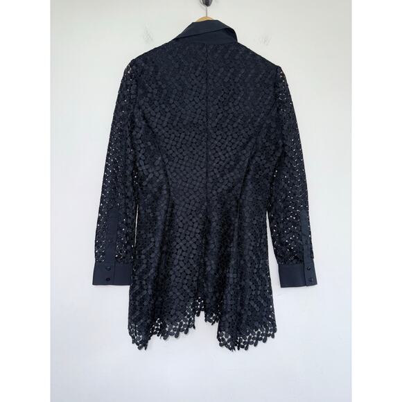 LELA ROSE black cotton lace longline peplum button front asymmetrical blouse top - Picture 10 of 14